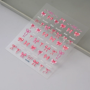 5D embossed nail stickers featuring pink bowknot and ribbon designs with 3D rhinestones