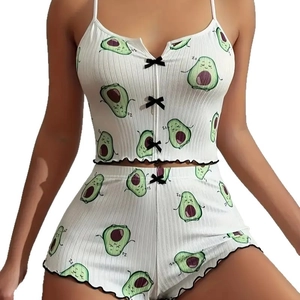 Women's two-piece pajama set featuring avocado prints and lettuce trim details