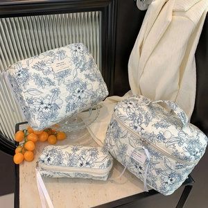 Detailed set of blue floral quilted makeup bags with ribbons and woven text label