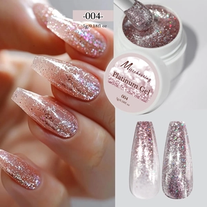 Detailed view of pink purple platinum nail gel with glittering silver sequins and 004 shade
