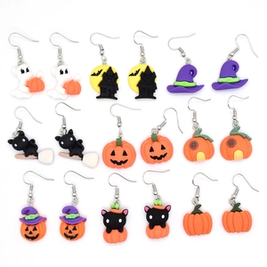 Set of 9 Halloween themed resin drop earrings featuring pumpkins ghosts and black cats