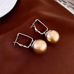 Geometric Square Hoop Drop Earrings With Faux Artificial Pearl Copper Body And Silver Earring Post For Women