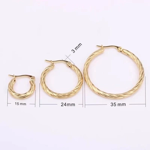 Detailed view of three sizes of gold plated rope twist hoop earrings in 15mm 24mm 35mm