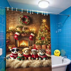 Waterproof Christmas shower curtain with festive pets and cozy fireplace digital print