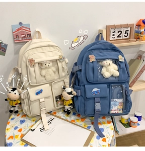 Dettaglio dello zaino scolastico in tela con finestra in PVC trasparente e ciondoli in peluche