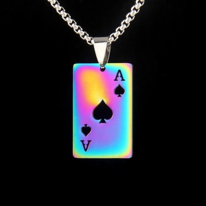 Rainbow Iridescent Poker Ace Of Spades Pendant Necklace Stainless Steel Square Box Chain Fashion Jewelry For Men Women
