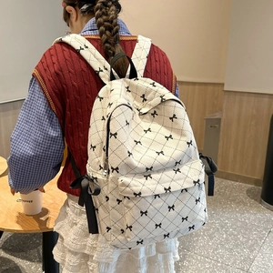 Corduroy Backpack For Girls Cute Bow Lattice Design Large Capacity School Bag Student Ribbon Casual Daypack