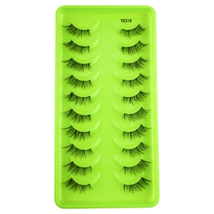 Detail of 10 pairs of YK316 false eyelashes with natural cross fibers in green tray