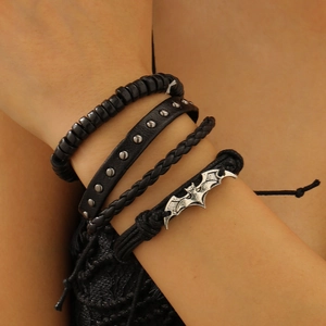 Men Punk Multi-layer Bracelet Set Black PU Leather Woven Rope Wood Beads Antique Silver Bat Pendant Halloween Gothic Jewelry