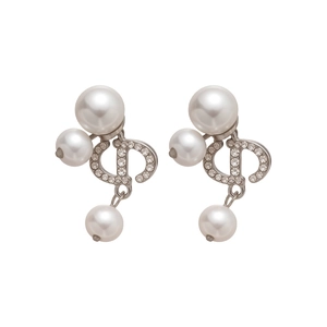 Silver needle pearl earrings with CD logo and sparkling rhinestones for women