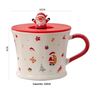 Detailed view of 320ml Santa ceramic mug with lid dimensions 10cm by 8cm