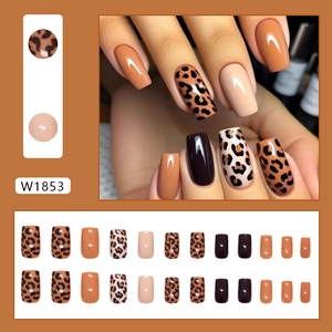 Faux ongles longs carrés motif léopard et marron uni, kit complet de 24 pièces