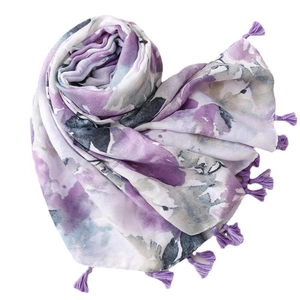Bohemian purple ink flower shawl scarf with elegant decorative tassels on white background