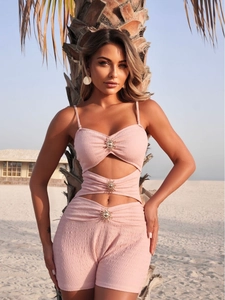 Women One Piece Swimsuit Smocked Textured Hollow Out Cut Out Metal Sun Buckles Solid Color Beachwear Sexy