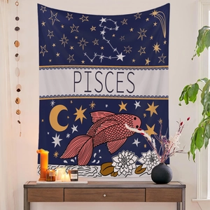Close-up of Pisces constellation wall tapestry with white lotus flower and moon design