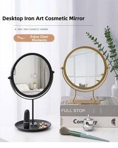Macro detail of nordic metal vanity mirrors with integrated jewelry storage tray