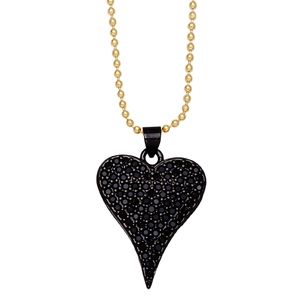 Collier avec pendentif cœur serti de zircons noirs et chaîne à billes dorée