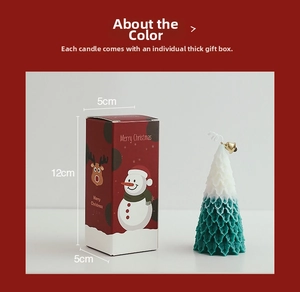 Detailed view of a green Christmas tree candle with snow texture and red gift box