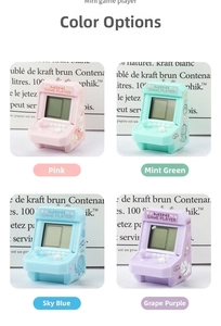 Mini handheld arcade game player console in pink green blue and purple colors