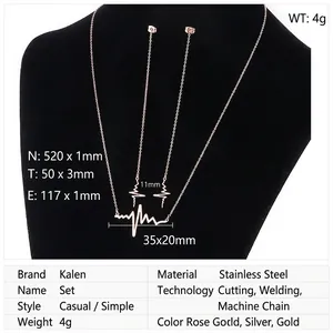 Detailed size parameters for stainless steel heartbeat necklace and earrings jewelry set