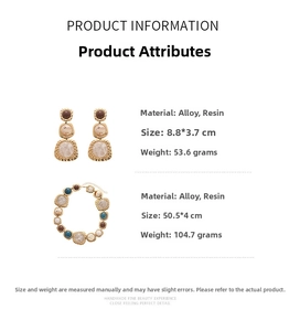 Detailed view of geometric resin necklace and earrings with product dimensions and weights