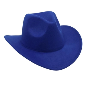 Detailed top view of a structured dark blue felt cowboy hat for children performance