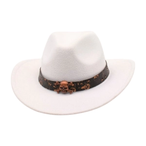 White felt western cowboy hat with gothic skull metal band for travel and leisure