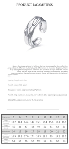 Detailed size guide and measurements for the S925 sterling silver foil-textured ring
