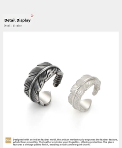 Detailed close-up of feather rings in vintage oxidized and polished silver finishes