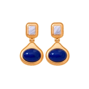 Vintage gold drop earrings featuring oval blue gems and white marble textured accents