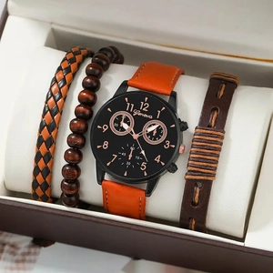 Close-up of a 4-piece men's watch set featuring an orange leather strap in a gift box