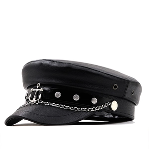 Berretto Militare Da Donna In Pelle PU Con Catena In Metallo Argentato Ciondolo Ancora Cappello Da Marinaio Newsboy Retro Flat Top Nero