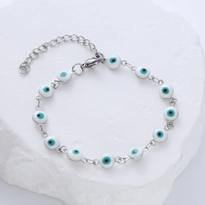 6mm stainless steel evil eye bracelet with white enamel beads and adjustable chain