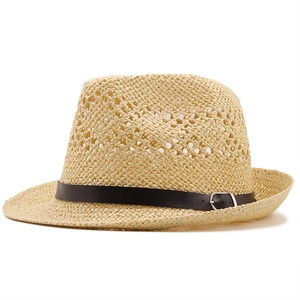 Chapeau fedora en paille avec tissage respirant et ceinture décorative en cuir noir