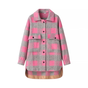 Relaxed pink and grey plaid flannel shirt jacket with large pockets and curved hemline