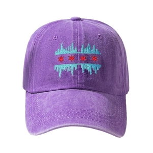 Purple washed cotton baseball cap featuring blue skyline and red star embroidery