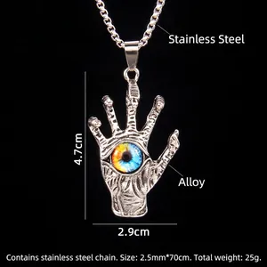 Evil Eye Hamsa hand pendant necklace in stainless steel with a blue eye design
