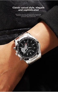 Détail de la montre sport étanche avec cadran tachymètre noir et bracelet en acier argent