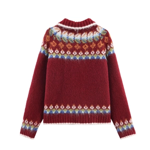 Close-up of Fair Isle jacquard pattern on a red vintage knit cardigan sweater