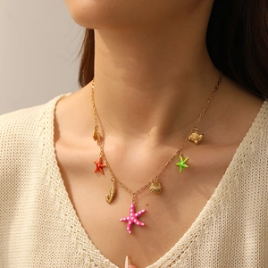 Stainless Steel Ocean Theme Pendant Necklace Enamel Starfish Shell Seahorse Charms Summer Beach Jewelry For Women