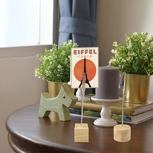 Wooden memo holder stands with square and round bases for photos and notes decor