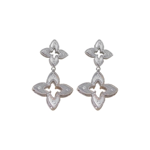 Elegant silver-plated clover drop earrings with hollow petals and sparkling crystals