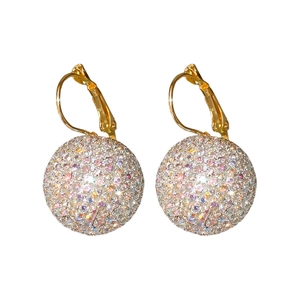 Sparkling gold drop earrings featuring multicolor crystal pavé balls on minimalist hooks