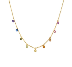 Close-up of a 18K gold plated chain necklace with colorful round rainbow gemstones