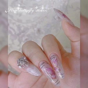 Baroque style nail stickers featuring pink butterfly patterns and 3D rhinestone heart crown