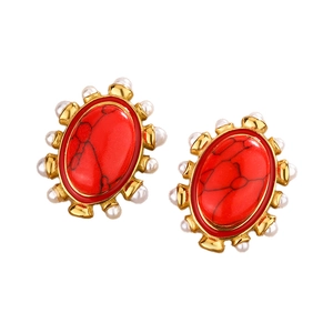 Retro 18K gold earrings with oval turquoise stone and delicate white pearl border