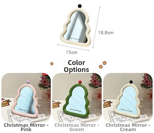 Detailed view of Christmas tree desk mirror in pink, green and cream white colors