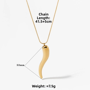 Macro shot of gold chili pendant showing 53mm length and 41.5cm chain details