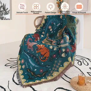 Dinosaur Woven Throw Blanket Cotton Jacquard Tapestry With Fringed Edges For Sofa Bed Picnic Camping Decor