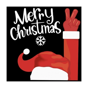 Festive Santa hand making V sign with Merry Christmas text for glass window decoration